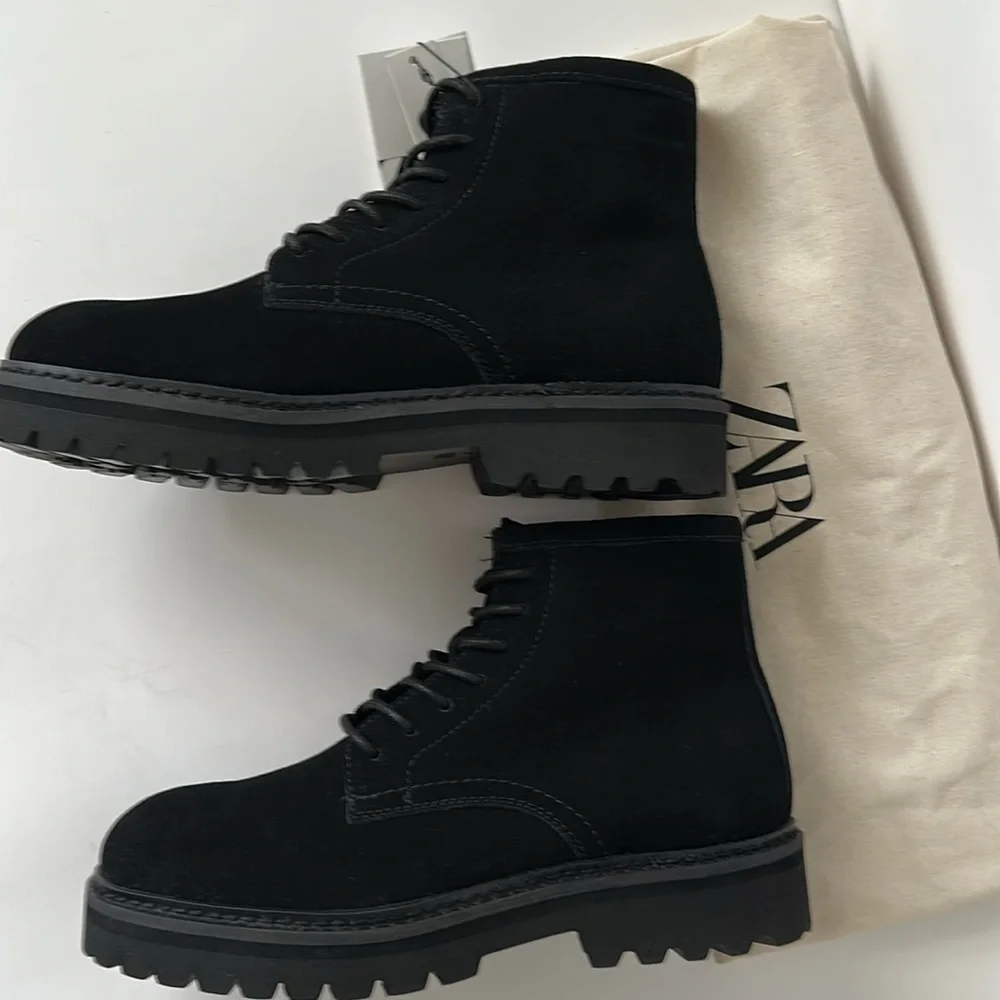 Zara Men's Leather Black Lace-Up Boots